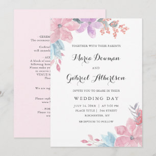 Invitation Mariage à fleurs rose aquarelle. Jardin vierge
