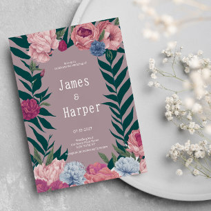 Invitation Mariage à fleurs rose mauve vert foncé