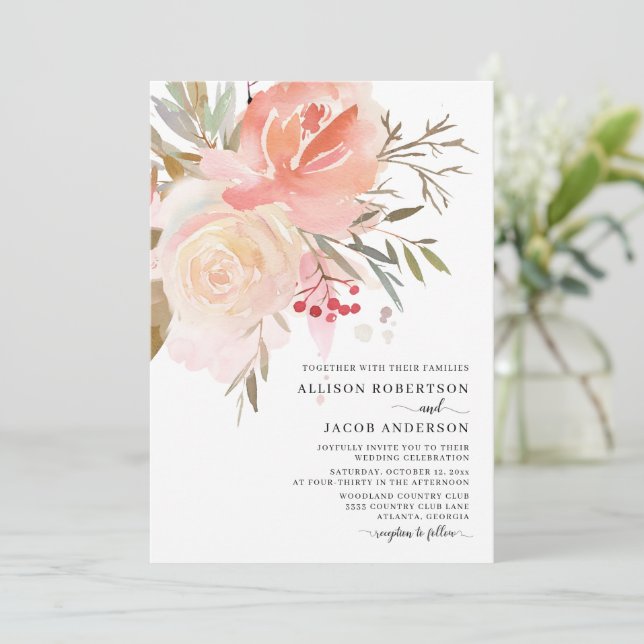 Invitation Mariage à fleurs rose pâle chic (Debout devant)