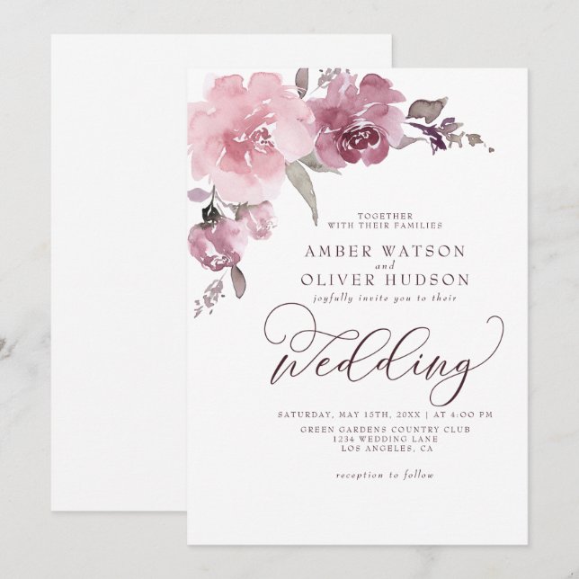 Invitation Mariage à fleurs rose pastel rose pâle Rose poussi (Devant / Derrière)