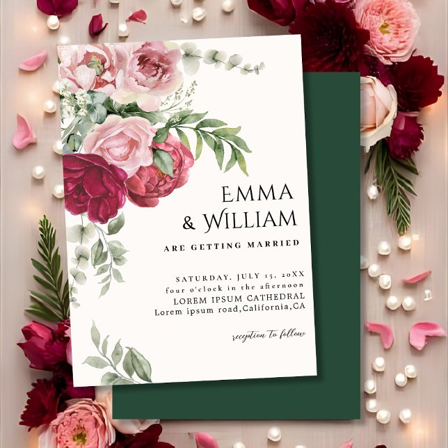 Invitation Mariage à fleurs rose vif et marsala Rose pivoine (Créateur téléchargé)