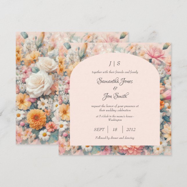 Invitation Mariage à fleurs roses (Devant / Derrière)