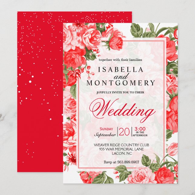 Invitation Mariage à fleurs rouge classique (Devant / Derrière)