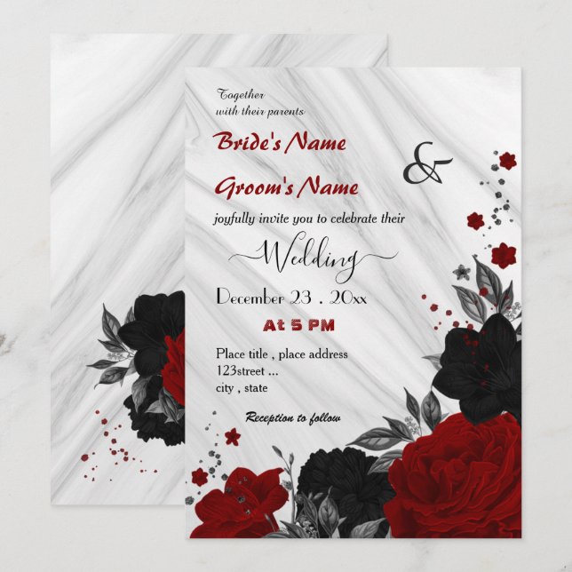 Invitation mariage à fleurs rouges et noires (Devant / Derrière)