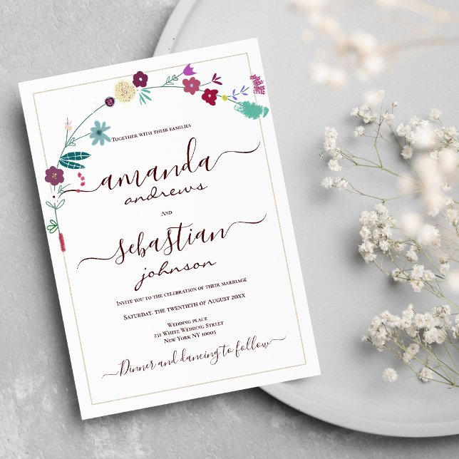 Invitation Mariage à fleurs turquoise rouge rose rétro (Retro pink teal red gold floral wedding)