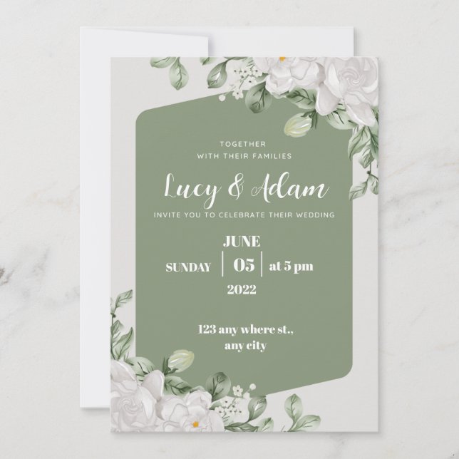 Invitation mariage à fleurs vert et blanc (Devant)