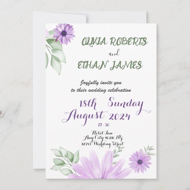 Invitation Mariage à fleurs violet d'aquarelle (Devant)