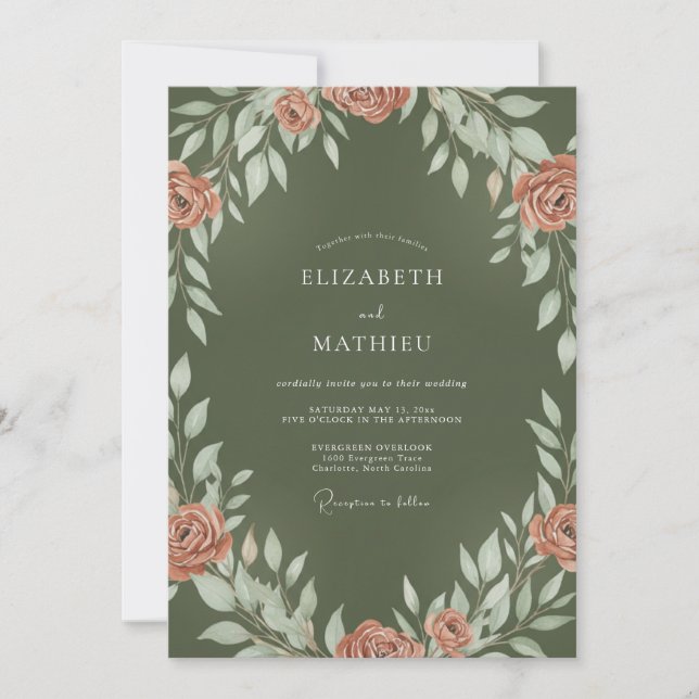 Invitation Mariage à la couronne de terre cuite et olive (Devant)