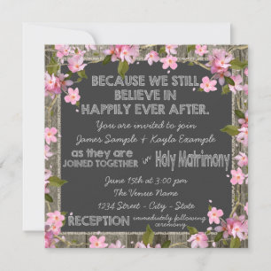 Invitation Mariage à la craie en bois de grange rustique ceri