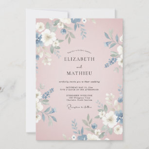 Invitation Mariage à la Fleur Délicate Bleu Poussiéreux