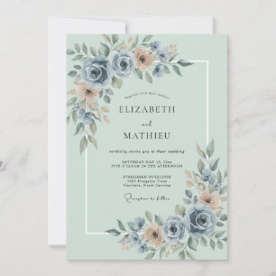 Invitation Mariage à la Fleur Douce Bleu Poussiéreux