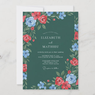 Invitation Mariage à la Floraison Rouge Émeraude