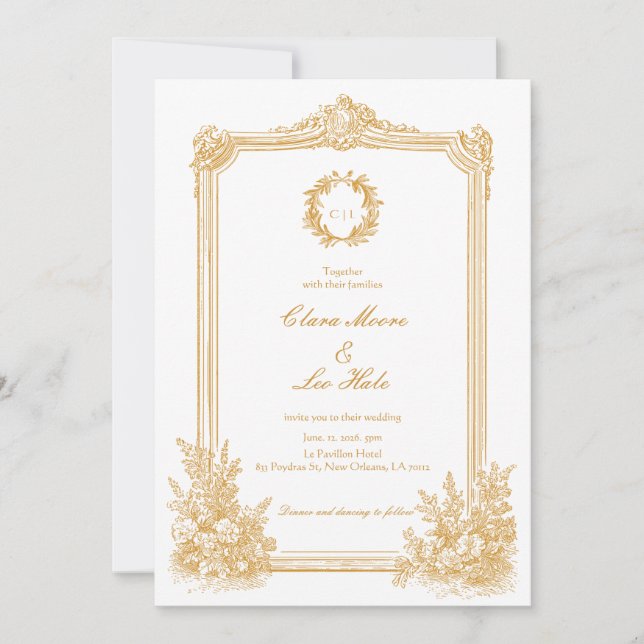 Invitation Mariage à la frontière ornementale vintage or (Devant)
