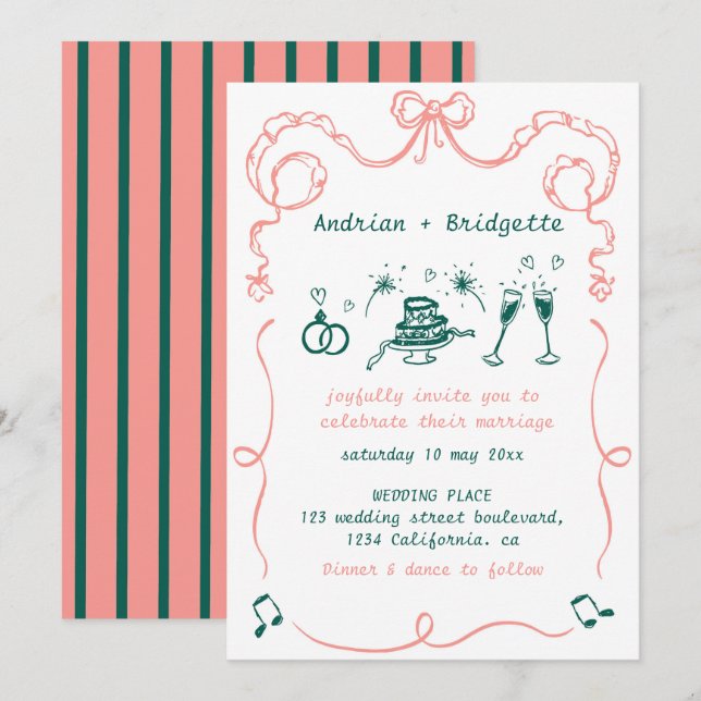 Invitation Mariage à la main dessinée à la main de gros (Devant / Derrière)