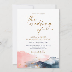 Invitation Mariage à la Montagne Moderne Aquarelle Navy Rose 