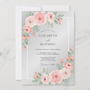 Invitation Mariage à la Petale de Rouge Tendre Argenté