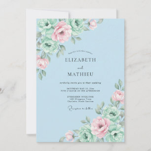 Invitation Mariage à la Pivoine Menthe Azur