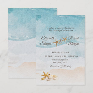 Invitation Mariage à la plage avec aquarelle coquillages sabl