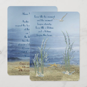 Invitation mariage à la plage avec étoile de mer et mouette