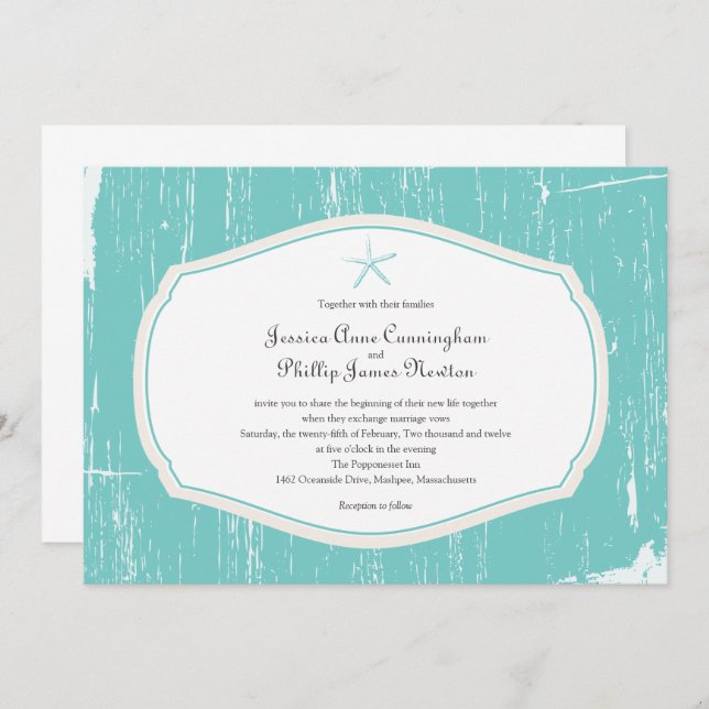 Invitation Mariage à la plage de Rustic à l'écrevisse Turquoi (Devant / Derrière)