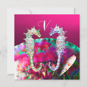 Invitation MARIAGE À LA PLAGE DES HIPPOCAMPES, Monogramme ros