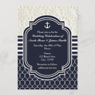 Invitation Mariage à la plage Elegant White et Nautical Navy