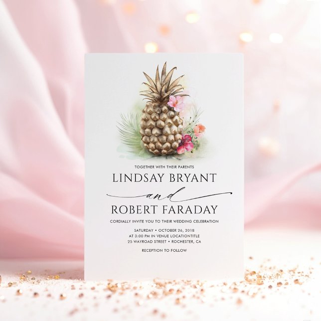 Invitation Mariage à la plage rose rose d'ananas or (Tropical Exotic Island Wedding Invitations)