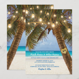 Invitation Mariage à la plage tropicale avec guirlandes lumin
