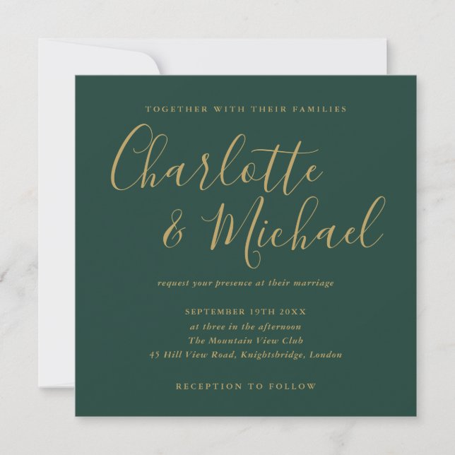 Invitation Mariage à la signature verte émeraude et or (Devant)