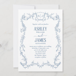 Invitation Mariage à la vigne de rose décousue bleu monogramm