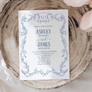 Invitation Mariage à la vigne de rose décousue bleu monogramm
