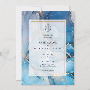 Invitation Mariage à l'ancre en agate bleu marine et or