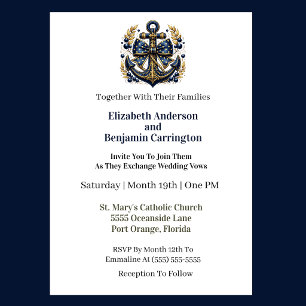 Invitation Mariage à l'ancre nautique bleue et or