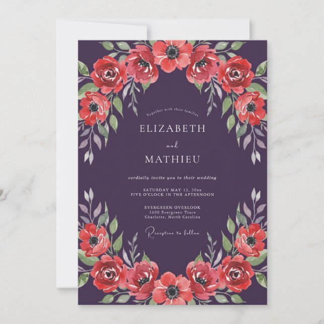 Invitation Mariage à l'anémone corail prune (Devant)