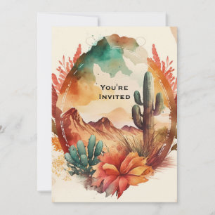 Invitation Mariage à l'aquarelle Désert Cactus et Montagnes