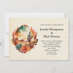 Invitation Mariage à l'aquarelle Désert Cactus et Montagnes