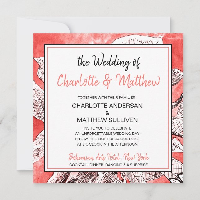Invitation Mariage à l'aquarelle dessin floral bohème corail (Devant)