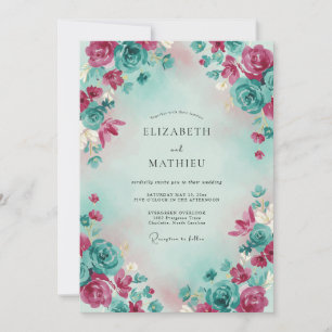 Invitation Mariage à l'aquarelle éthérée sarcelle magenta