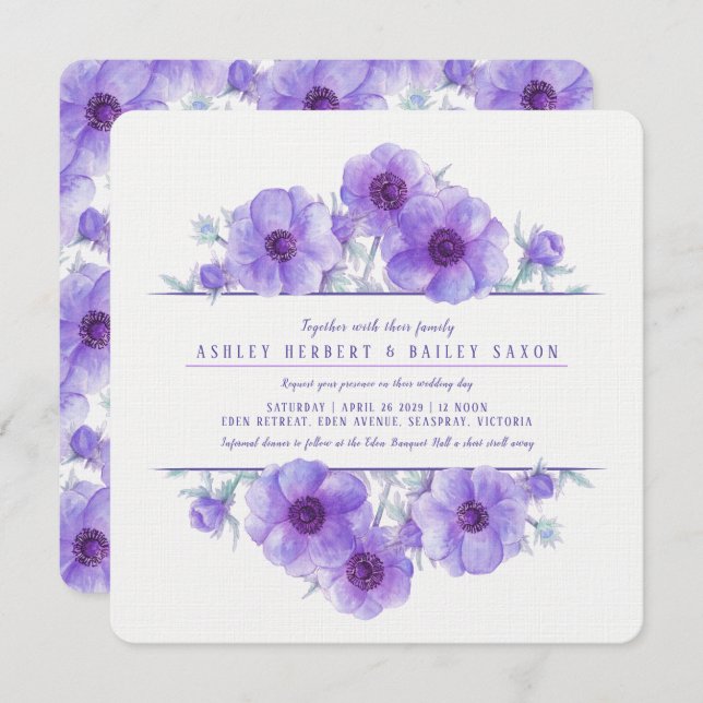 Invitation Mariage à l'aquarelle fleurie d'anémone violet inv (Devant / Derrière)