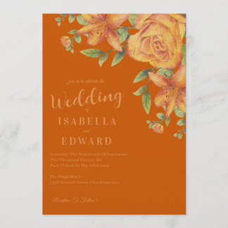 Invitation Mariage à l'aquarelle Floral Orange Brûlé