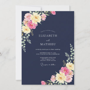 Invitation Mariage à l'aquarelle florale jaune rose de la mar