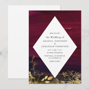 Invitation Mariage à l'aquarelle lavis bordeaux et or