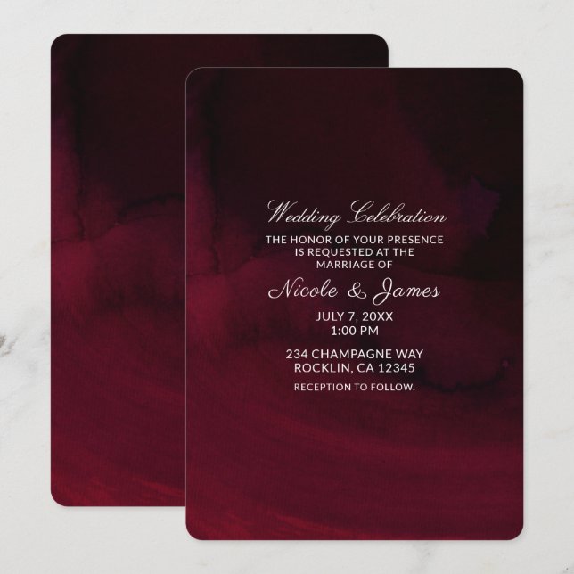 Invitation Mariage à l'aquarelle moderne marron bordeaux (Devant / Derrière)