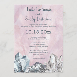 Invitation Mariage à l'aquarelle rose avec géodes et pierres