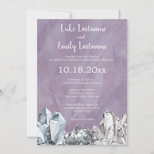 Invitation Mariage à l'aquarelle violette de géodes et gemmes (Devant)
