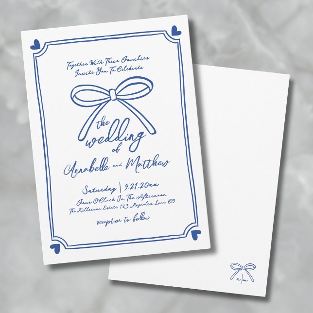 Invitation Mariage à l'arc bleu blanc dessiné à la main de ma (Blue White Hand Drawn Whimsical Bow Wedding Invitation)