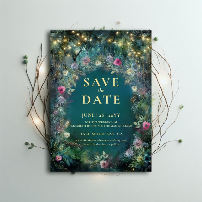 Invitation Mariage à l'arc des Roses forestiers enchantés Enr (enchanted forest wedding save date magical fairy tale woodland rose gold emerald green typography)