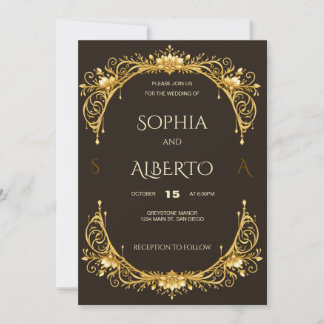 Invitation Mariage à l'arc floral doré Art Nouveau élégant