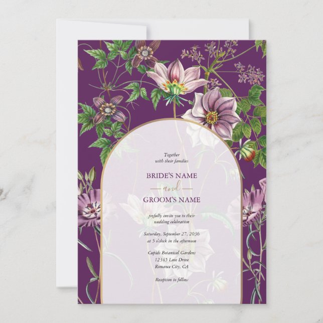 Invitation Mariage à l'arche dorée avec verdure et fleurs vio (Devant)