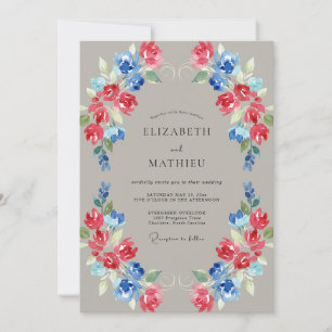 Invitation Mariage à l'arche florale ardoise bleue corail